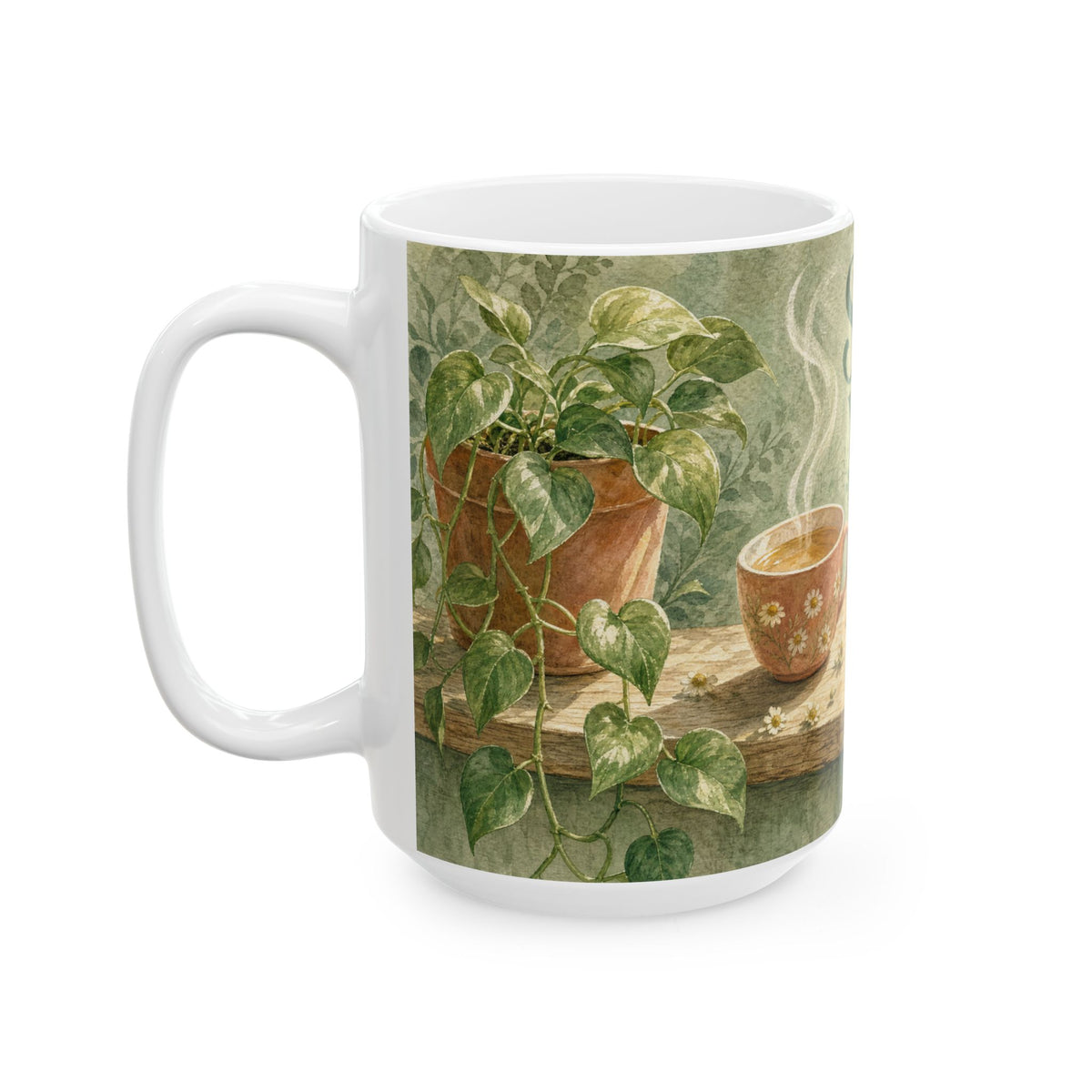 Pothos Windowsill Self-Care Still Life Mug Soft Sage Botanical Watercolour