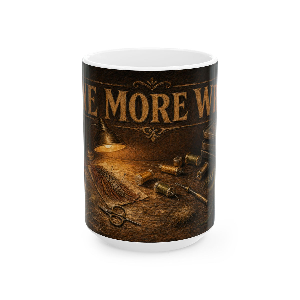 Fly Tying Bench Mug with Warm Lamp Glow and Hackle Feathers Scattered