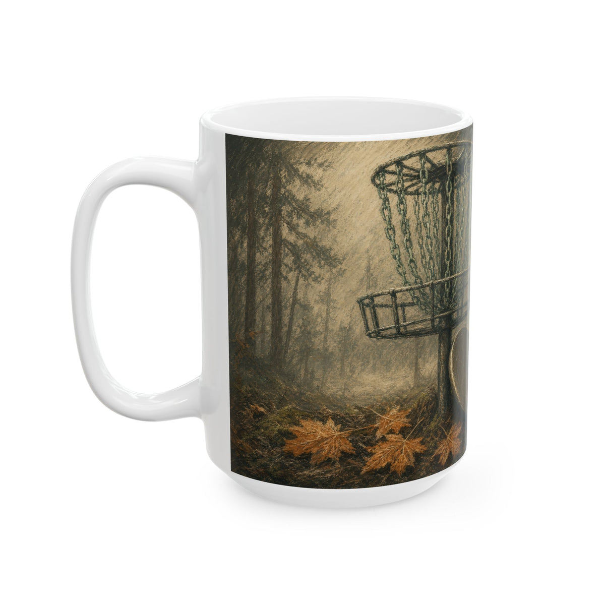 Disc Golf Basket Foggy Forest Morning Mug for Disc Golfers Misty Pine