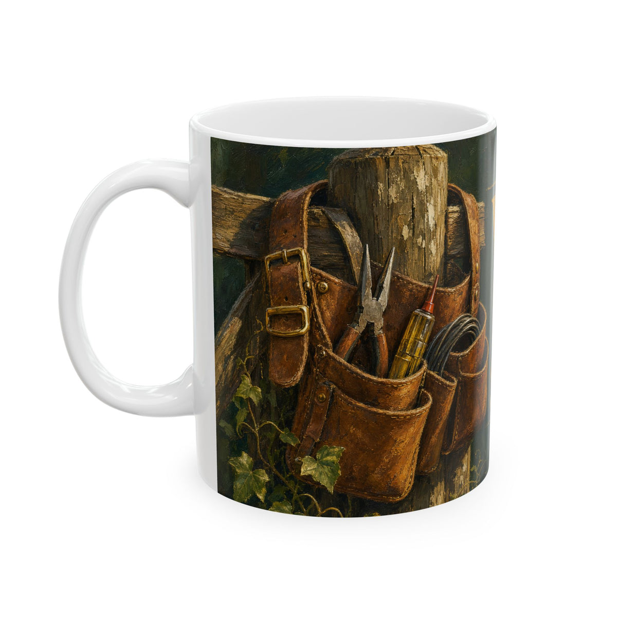 Retired Electrician Tool Belt Garden Mug worn leather tools oil painting style