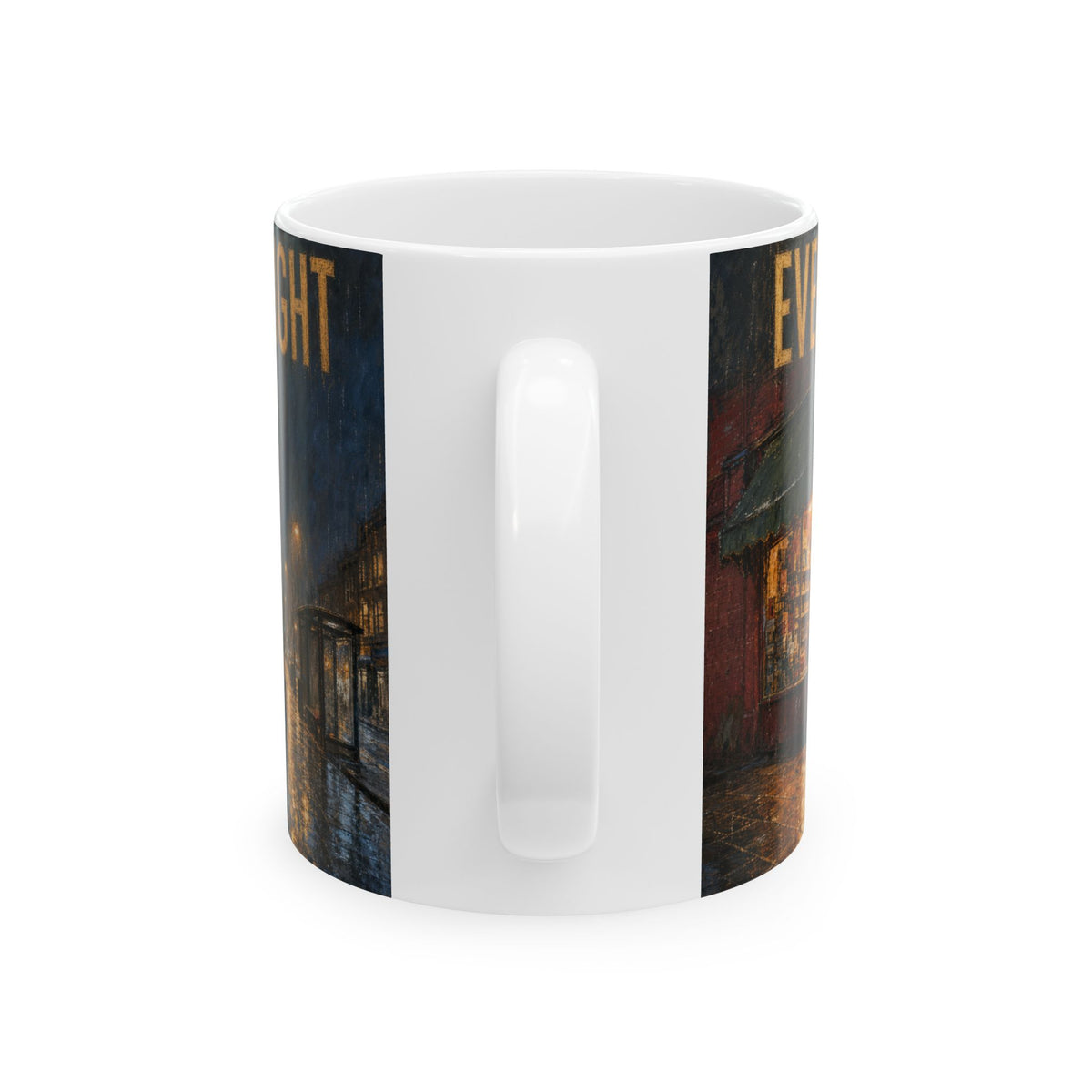 Corner Shop Dusk Mug rainy high street wet pavement glow urban night scene