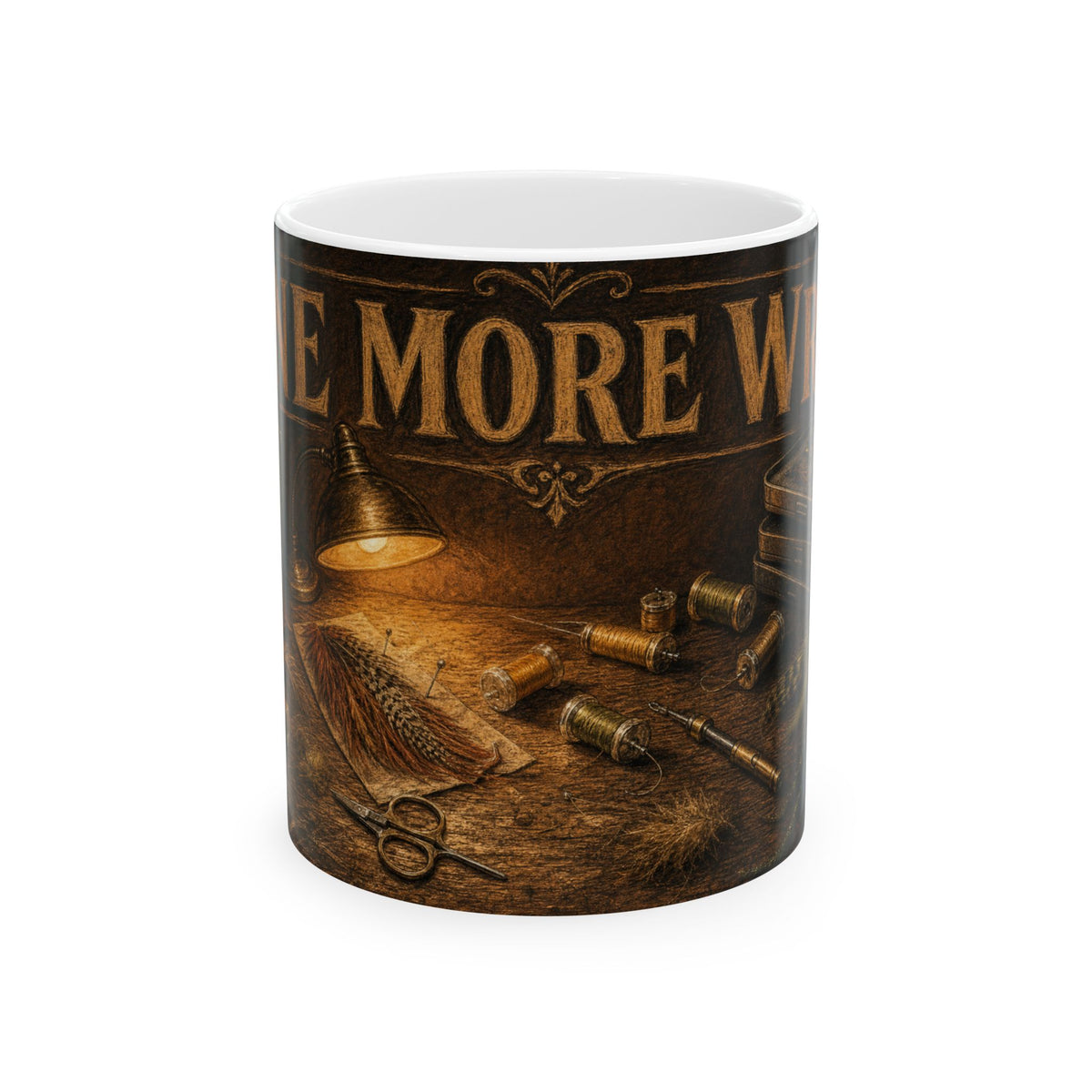 Fly Tying Bench Mug with Warm Lamp Glow and Hackle Feathers Scattered