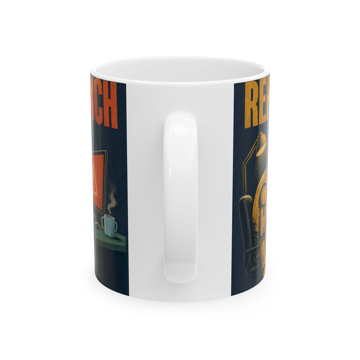 Office Robot Dark Humour Mug AI Anxiety Desk Scene Duotone Gift for Tech Workers