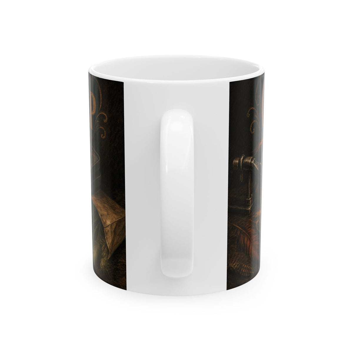 Fly Tying Bench Mug with Warm Lamp Glow and Hackle Feathers Scattered