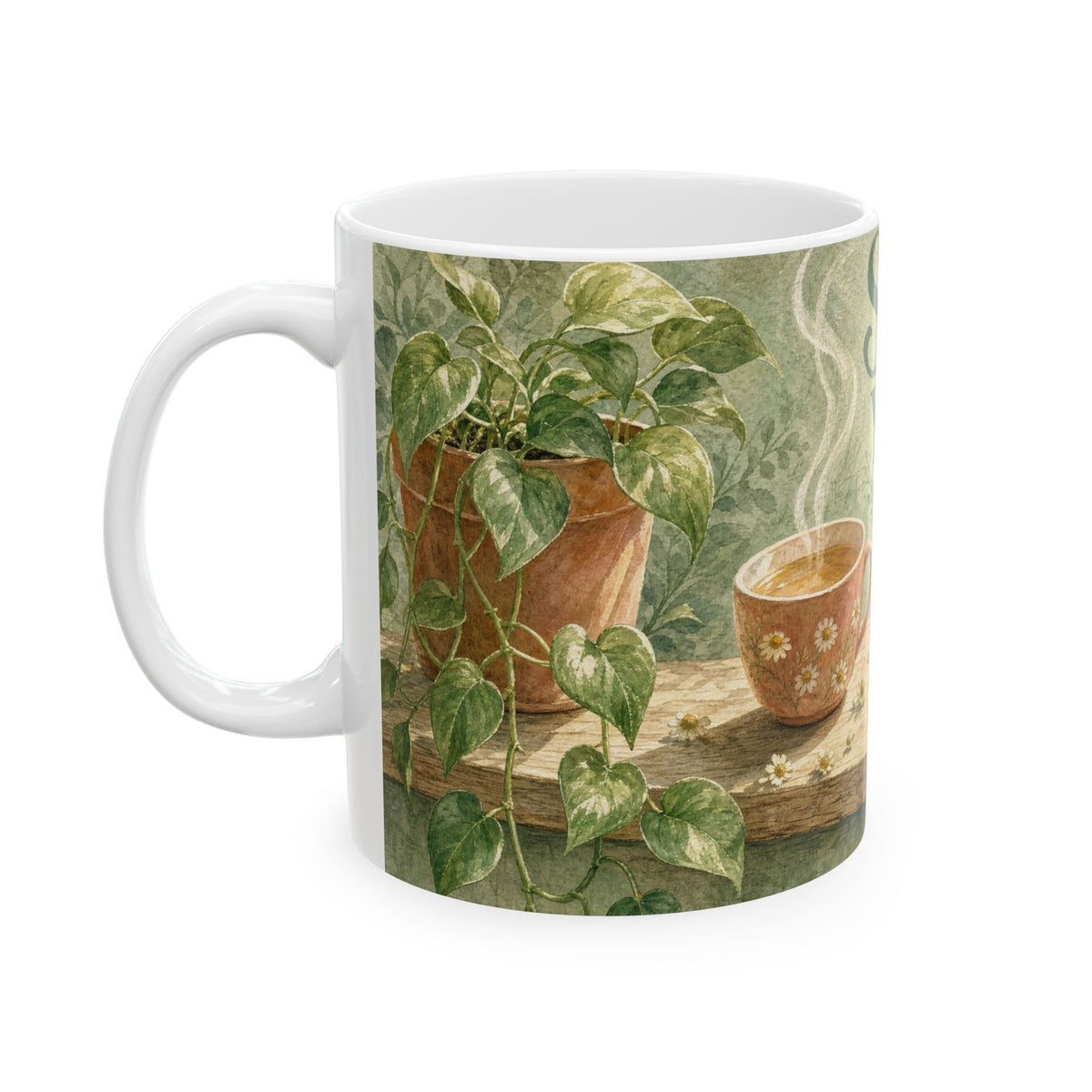 Pothos Windowsill Self-Care Still Life Mug Soft Sage Botanical Watercolour