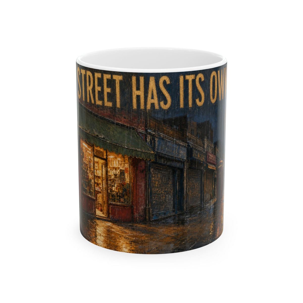 Corner Shop Dusk Mug rainy high street wet pavement glow urban night scene