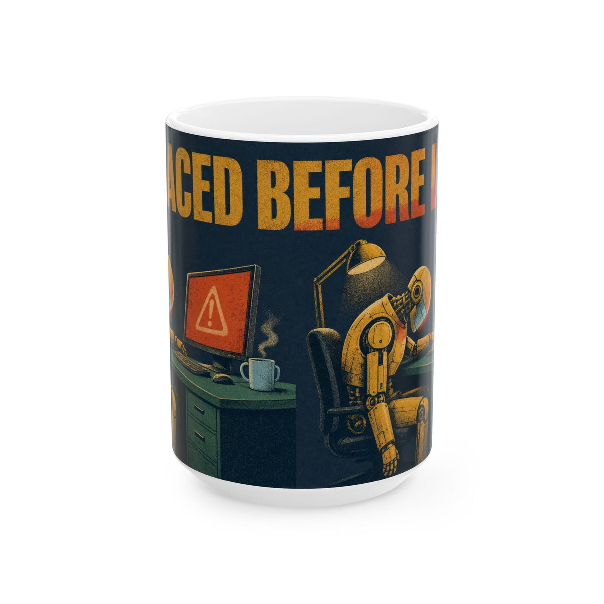 Office Robot Dark Humour Mug AI Anxiety Desk Scene Duotone Gift for Tech Workers
