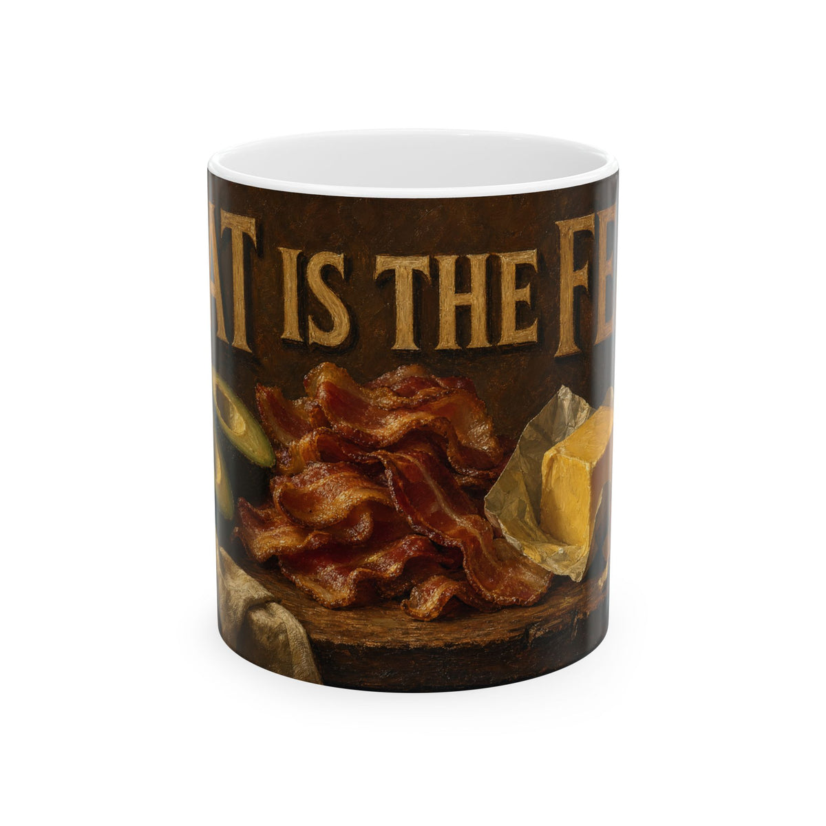 Keto Still Life Coffee Mug Dutch Golden Age Bacon Eggs Butter Avocado Oil Painting