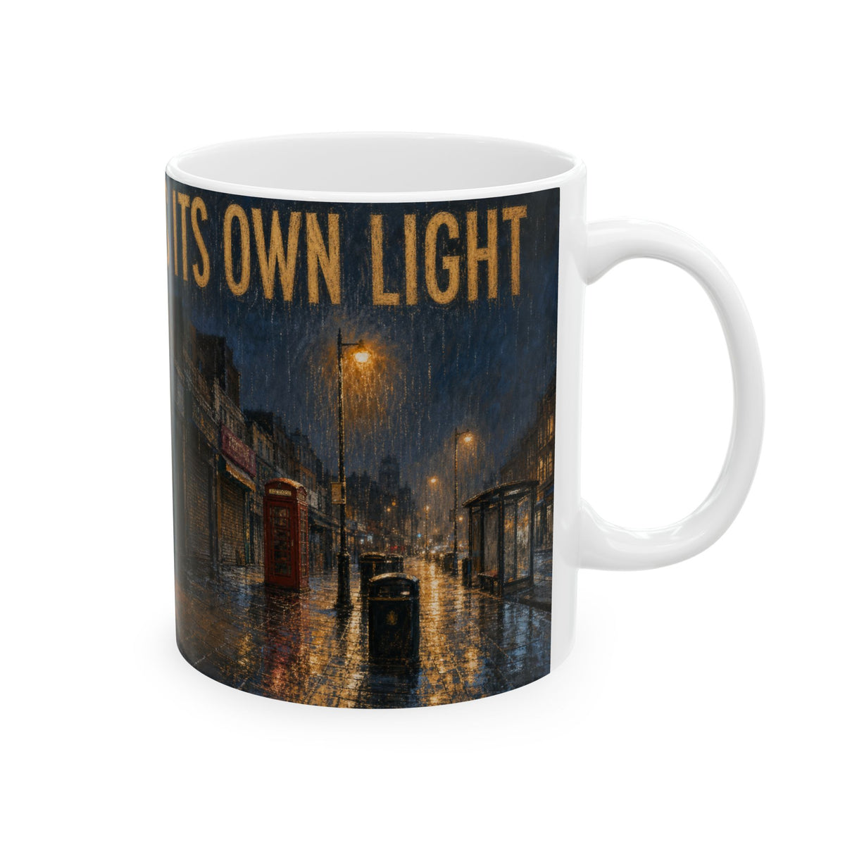 Corner Shop Dusk Mug rainy high street wet pavement glow urban night scene