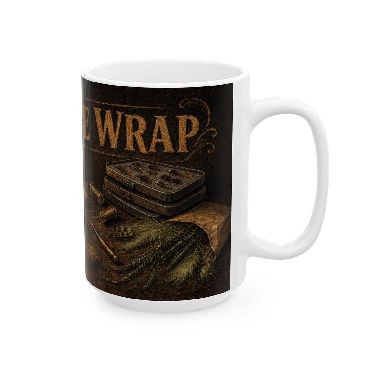 Fly Tying Bench Mug with Warm Lamp Glow and Hackle Feathers Scattered