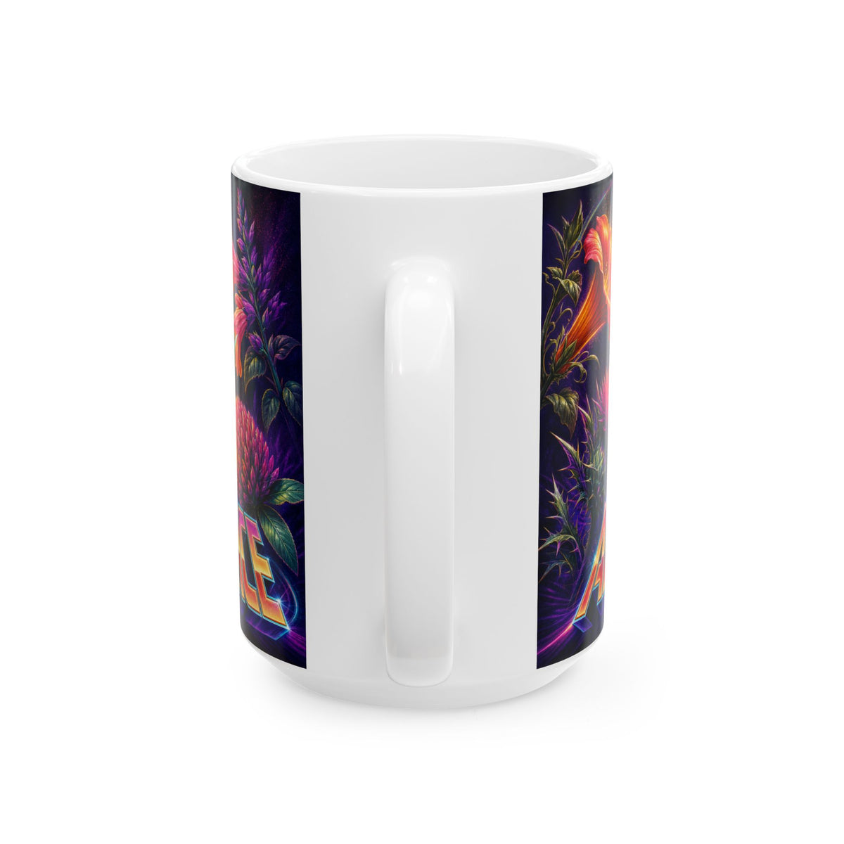 Hummingbird Hovering Neon Poster Art Mug vibrant flowers frenetic joy
