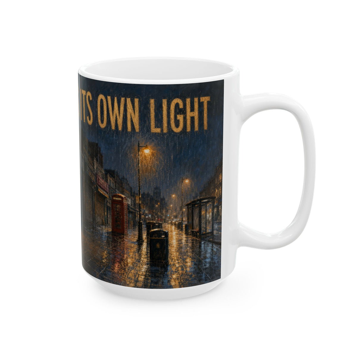 Corner Shop Dusk Mug rainy high street wet pavement glow urban night scene