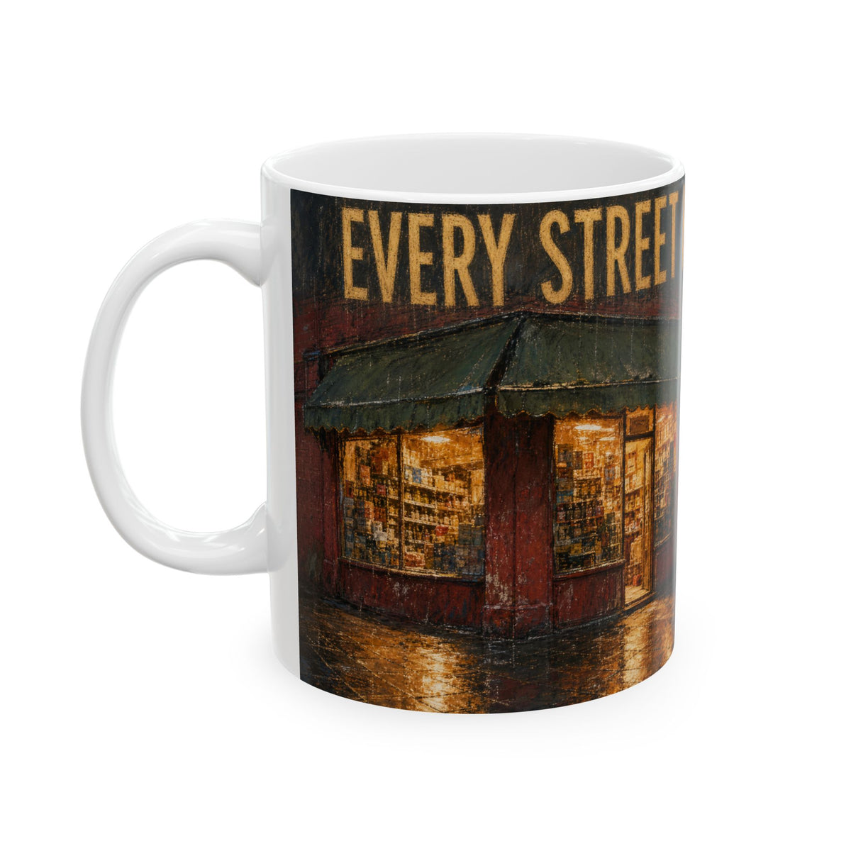 Corner Shop Dusk Mug rainy high street wet pavement glow urban night scene