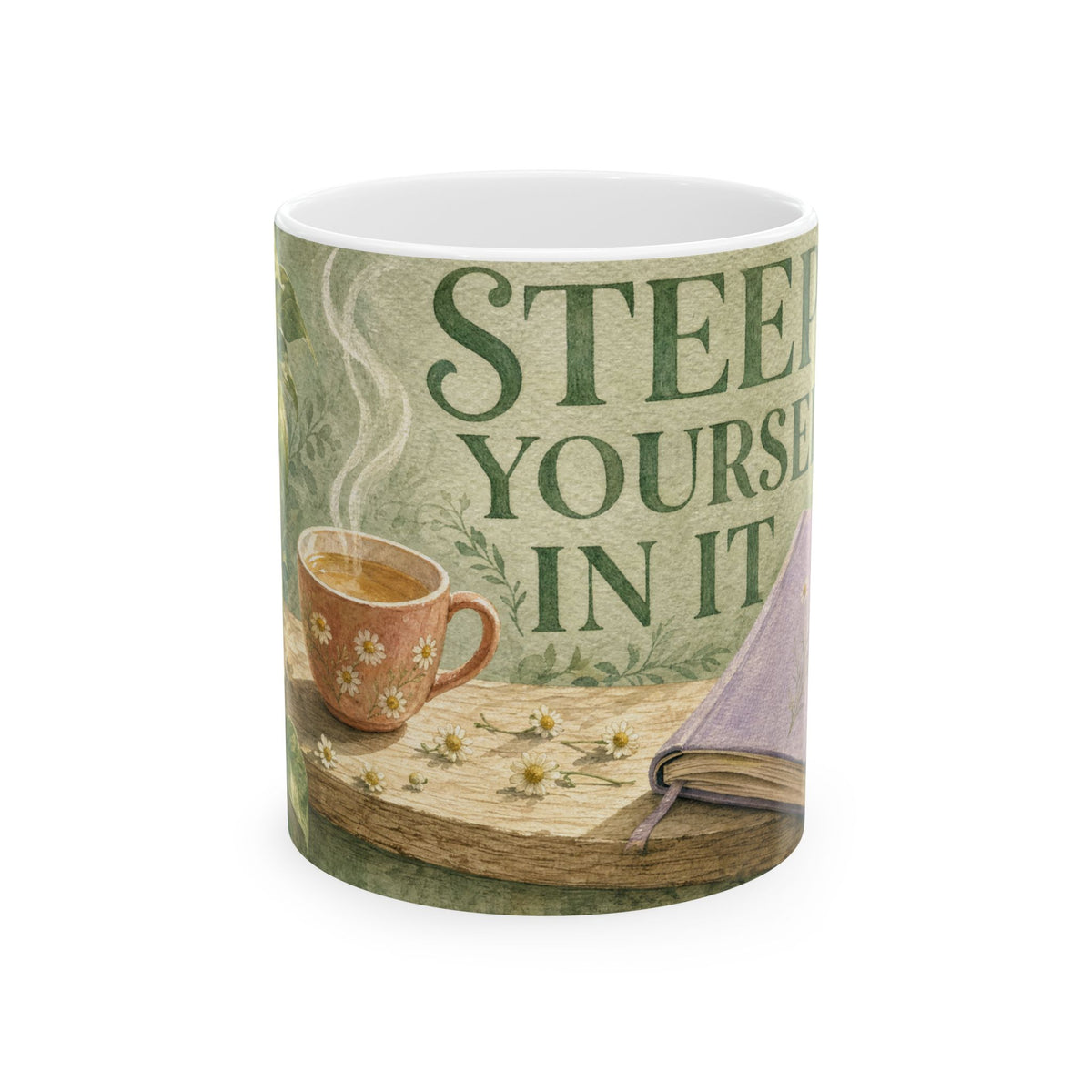Pothos Windowsill Self-Care Still Life Mug Soft Sage Botanical Watercolour