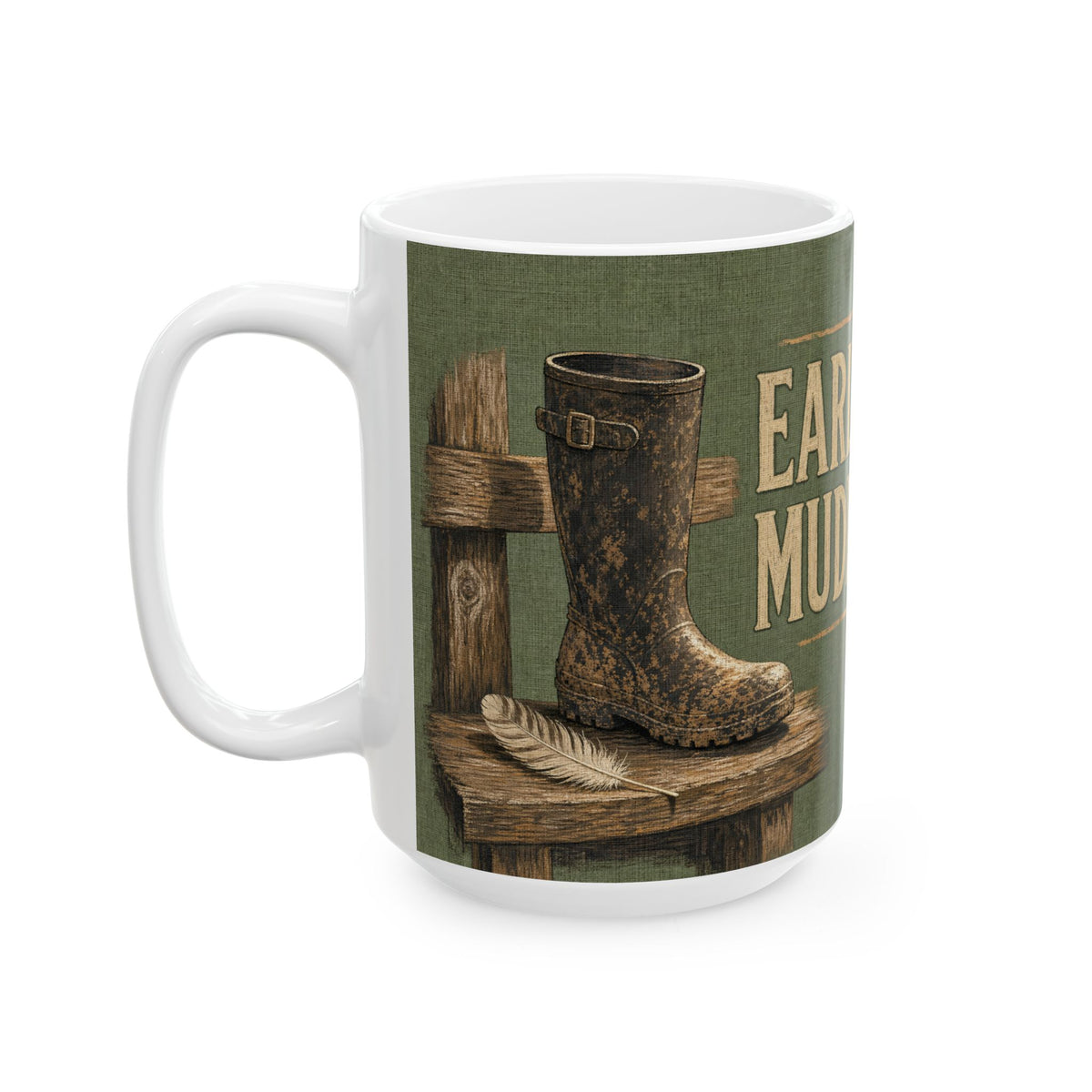 Birdwatching Humor Mug Wellington Boot Stile Feather Field Gear Olive Green
