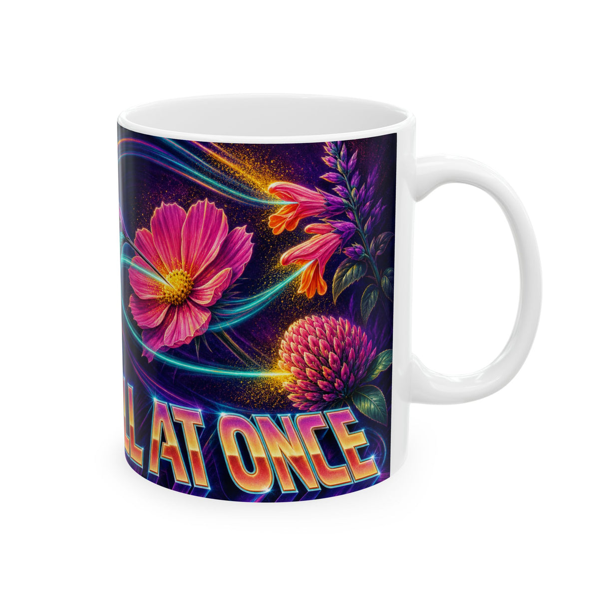 Hummingbird Hovering Neon Poster Art Mug vibrant flowers frenetic joy