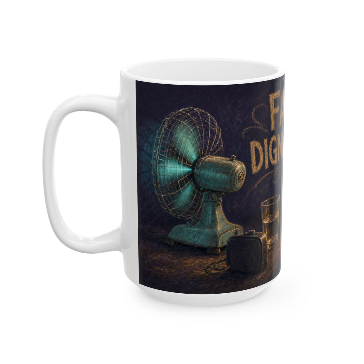 Vintage desk fan wilting geranium mug chalk pastel dark night sweat scene