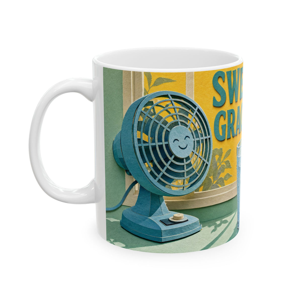 Sweating Gracefully Mug Hot Flash Humor Electric Fan Windowsill Wilting Peony