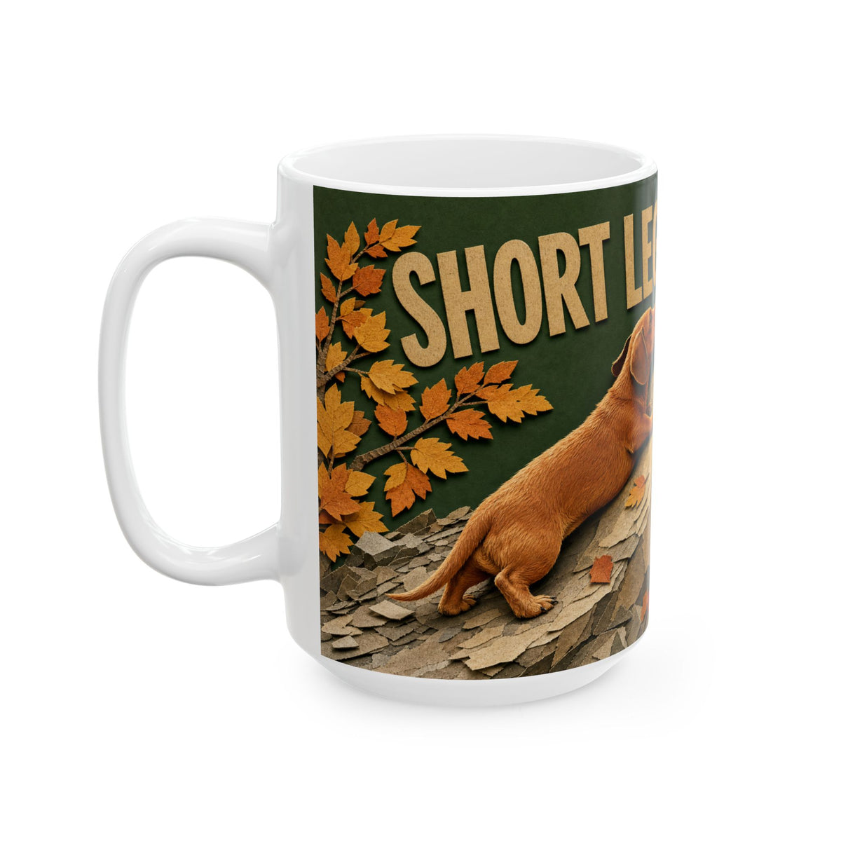 Dachshund Hiking Autumn Trail Mug cut paper collage rocky mountain path dog
