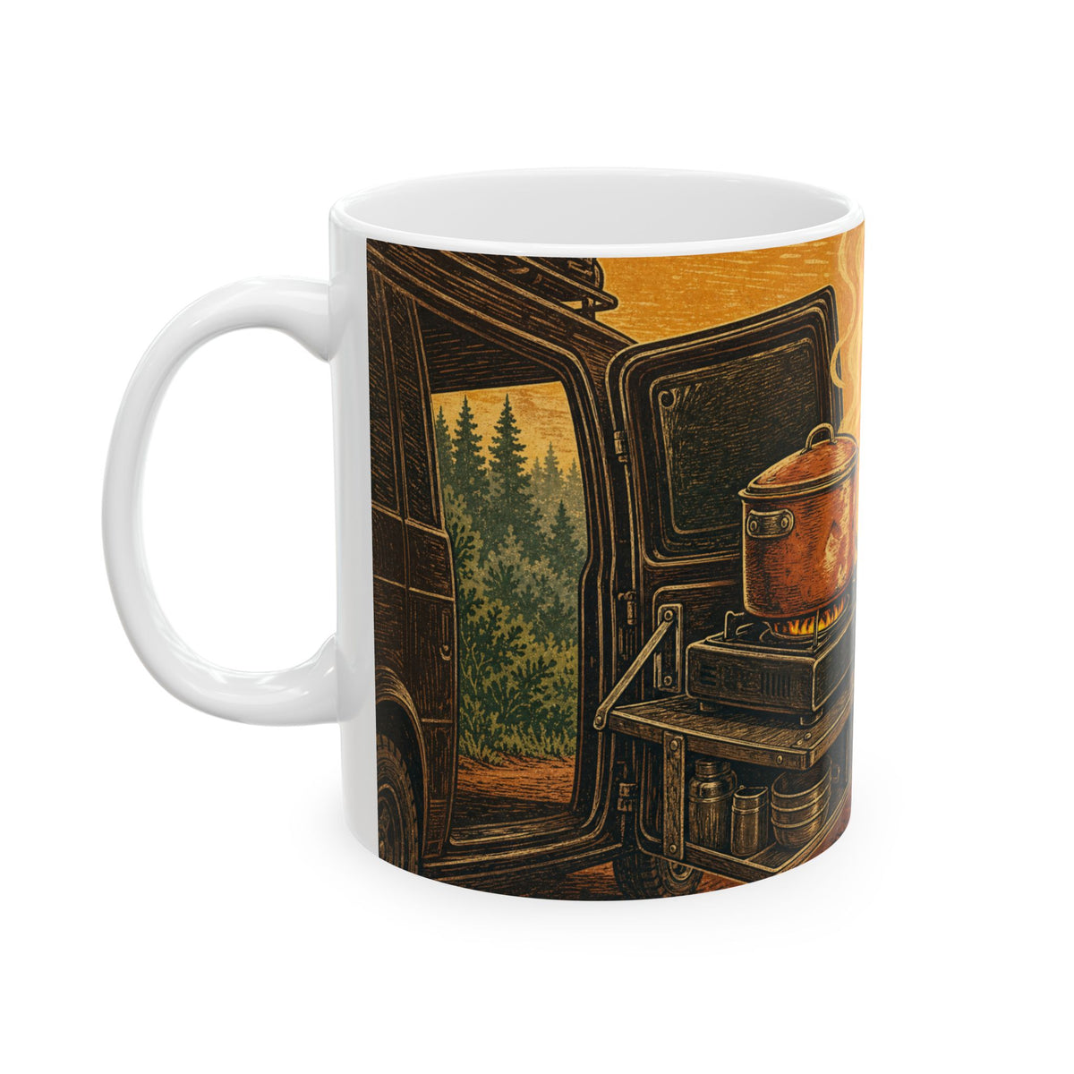 Van Life Cooking Camp Kitchen Mug linocut print outdoor burner road trip