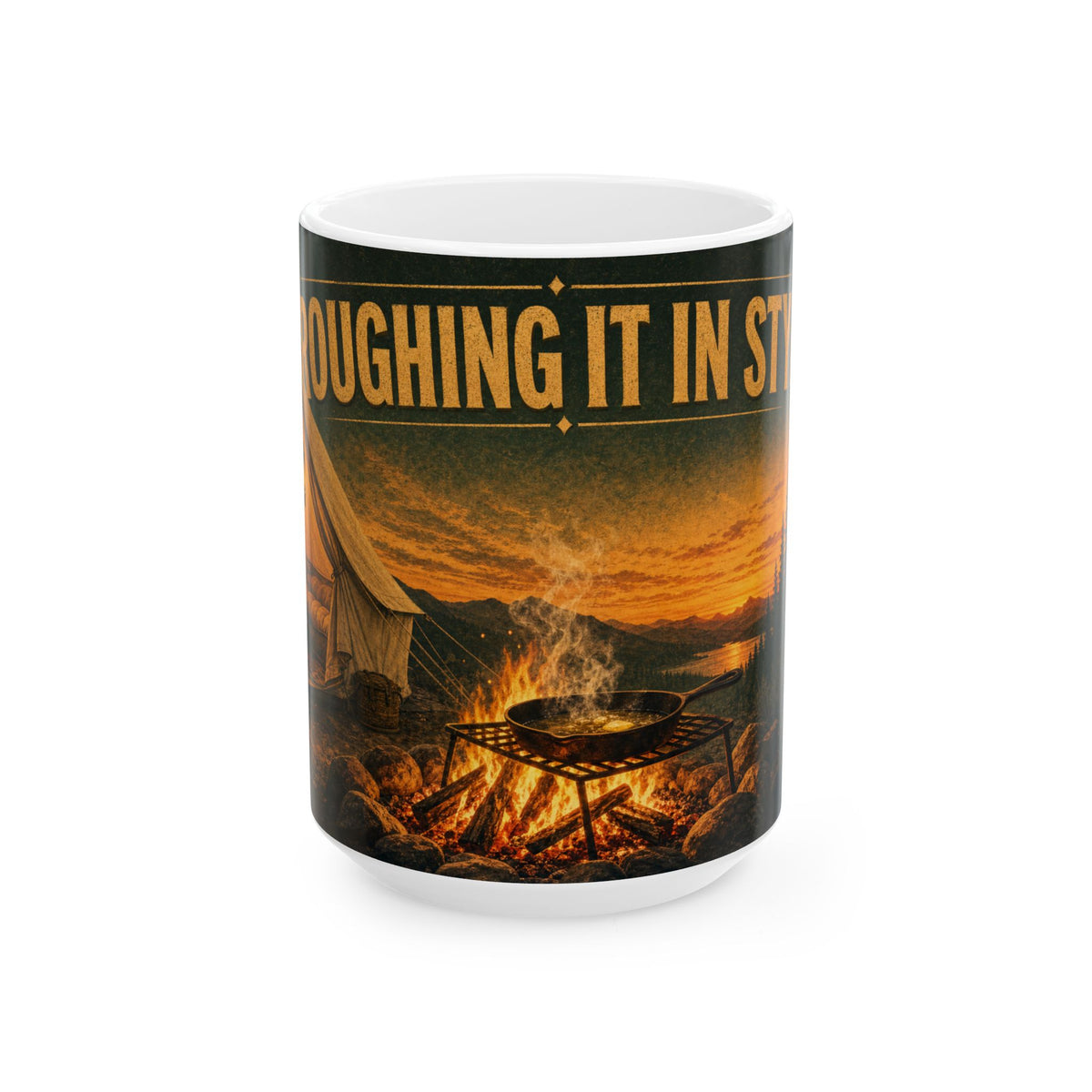 Glamping Campfire Bell Tent Golden Hour Mug cast iron skillet camp life