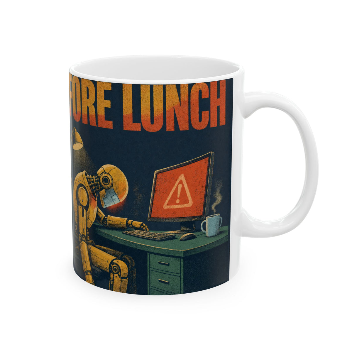 Office Robot Dark Humour Mug AI Anxiety Desk Scene Duotone Gift for Tech Workers