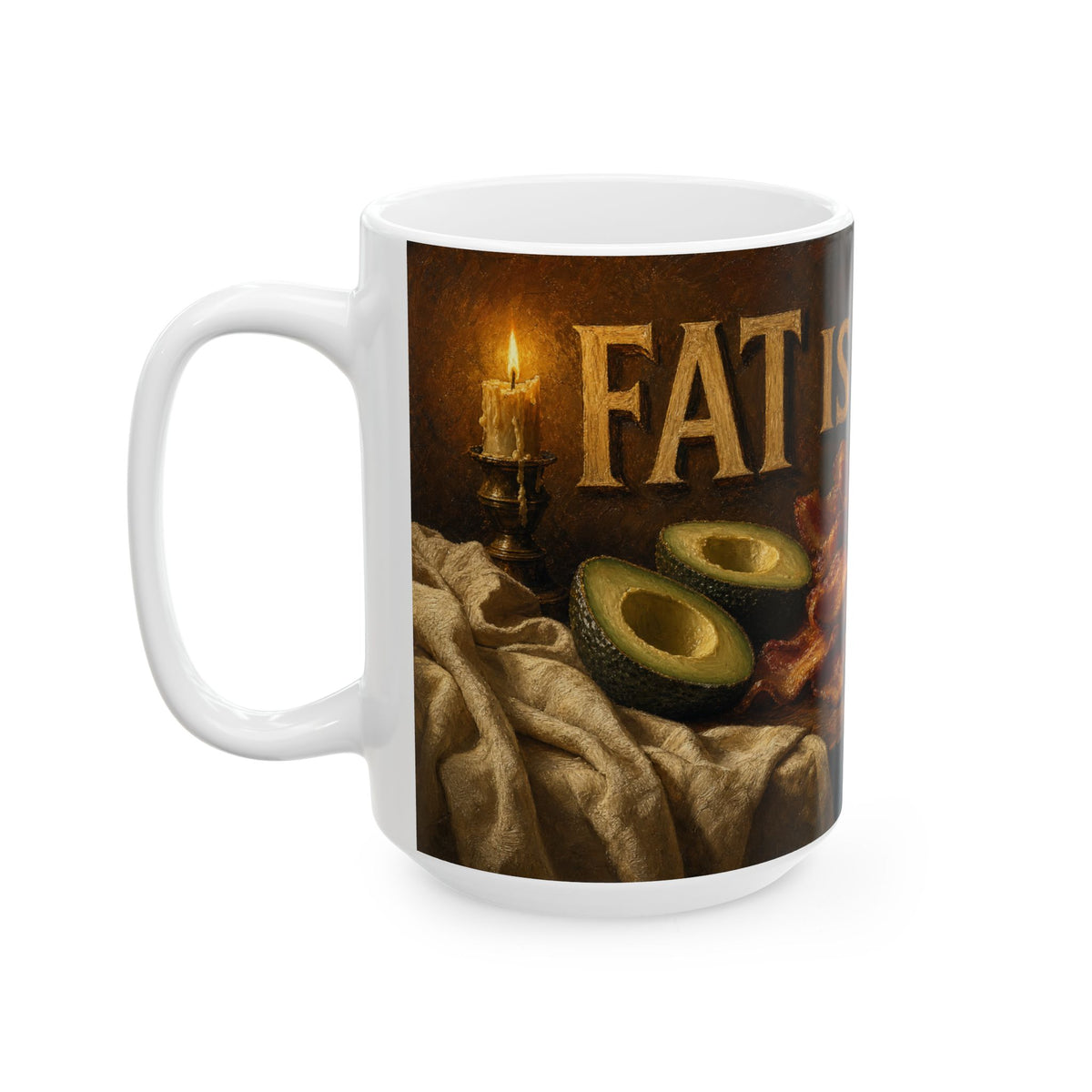 Keto Still Life Coffee Mug Dutch Golden Age Bacon Eggs Butter Avocado Oil Painting