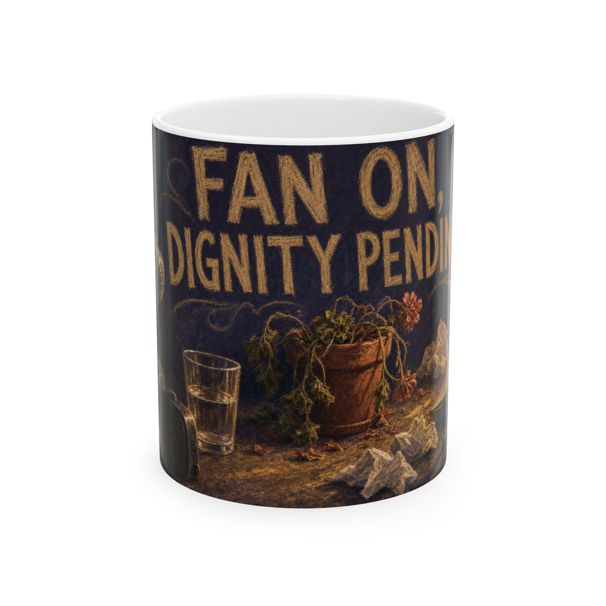 Vintage desk fan wilting geranium mug chalk pastel dark night sweat scene